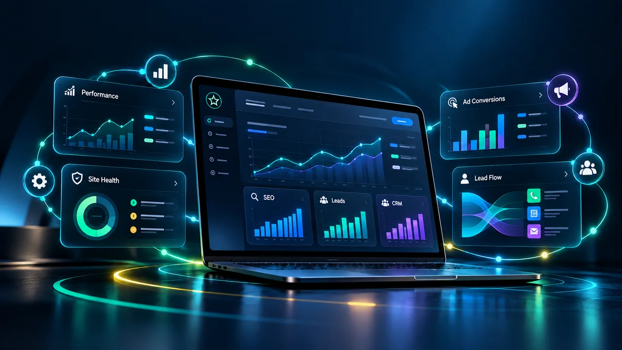 Yerel SEO — SEO görünürlüğü, dijital reklam dönüşümü, müşteri talebi ve CRM performans ölçüm paneli