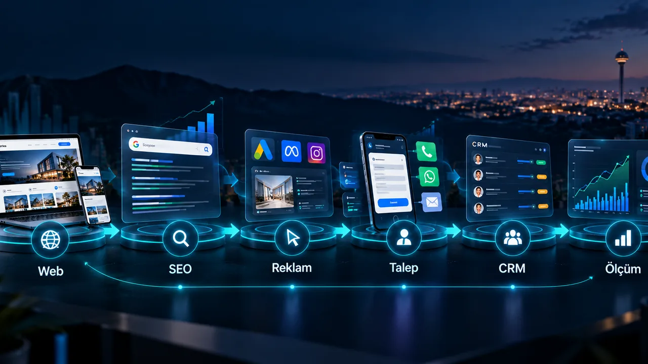 Dijital Reklam — Web sitesi, dijital reklam, müşteri talebi, CRM ve ölçüm akışını gösteren büyüme sistemi